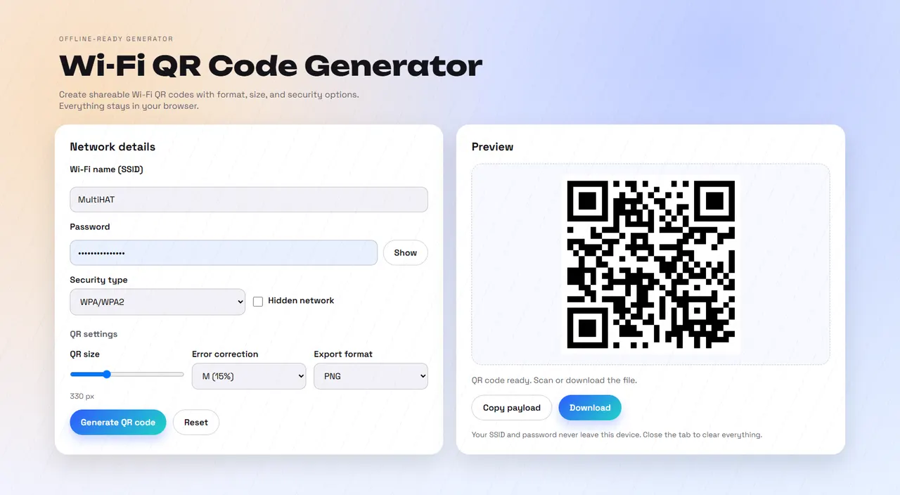 Clean Wi-Fi QR code generator interface with network details and QR preview.